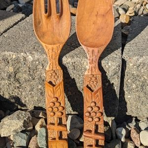 1970's Hand Carved Wood Serving Spoons